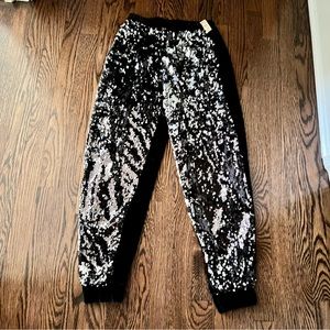 Vibrant Silver and Black Sequin Velvet Joggers